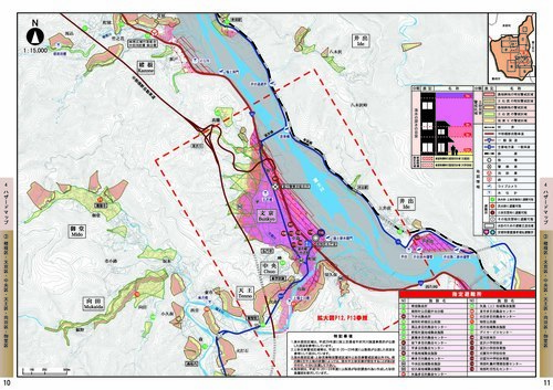 楮根区、文京区、中央区、天王区、向田区、御堂区の図